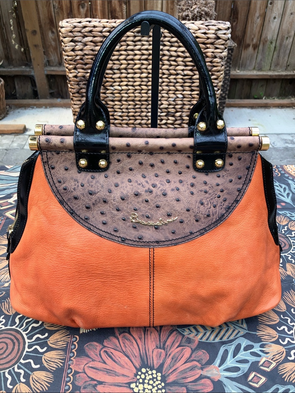 Braccialini Orange leather & ostrich satchel